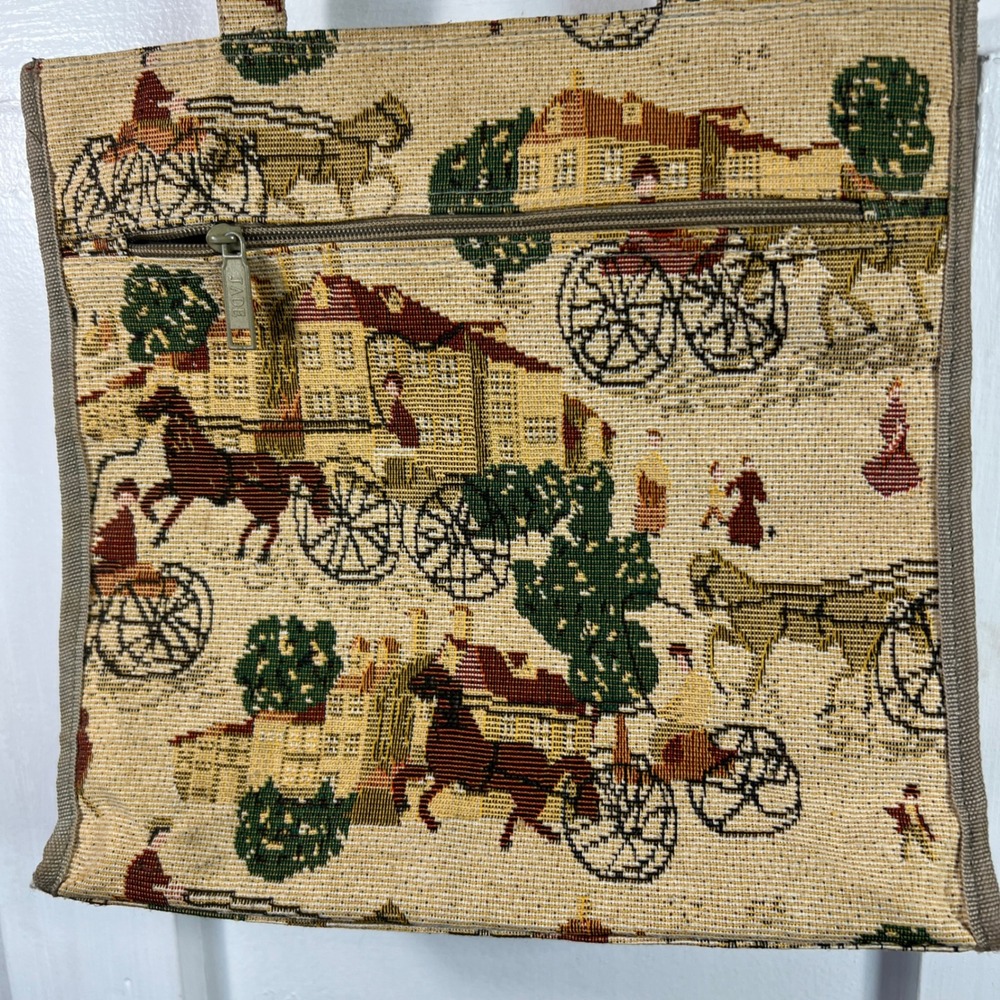 Vintage JADE Tapestry Tote Bag Horse Carriage Village Scene Needlepoint Style